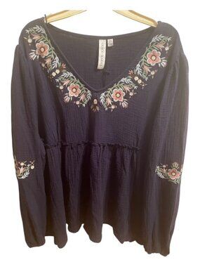 New Grace & Karma  Navy Blue Embroidered Gauze Peasant Blouse 2 X